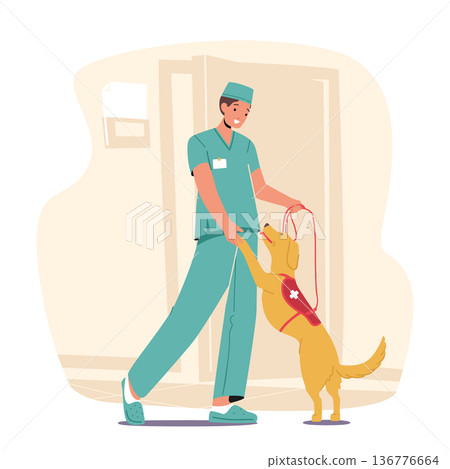 Doctor Male Character Playfully Engages With Guide Dog, Fostering A Strong Bond While Providing Necessary Guidance 136776664