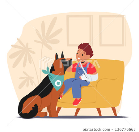 Little Boy Character With A Hand Fracture Is Accompanied By His Guide Dog, Who Providing Him With The Support 136776665