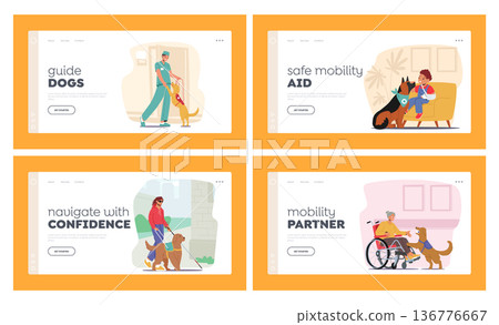 Guide Dogs Landing Page Template Set. Animals Offer Support And Independence To Characters With Visual Impairments Guide Dogs Landing Page Template Set. Animals Offer Support And Independence To Characters With Visual Impairments 136776667