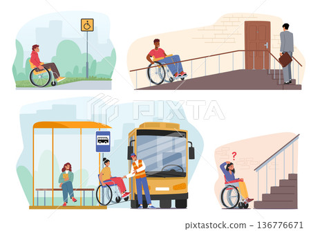 Set Of Disabled People On Wheelchairs Using Ramps To Access Buildings, Streets, Transport Or Other Places Set Of Disabled People On Wheelchairs Using Ramps To Access Buildings, Streets, Transport Or Other Places 136776671