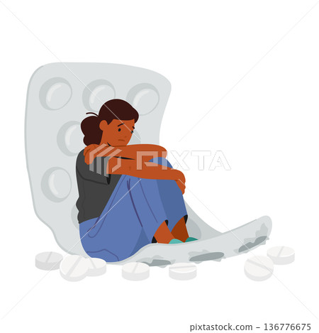 Female Character Sitting On Blister With Scatter Tablets. Medication, Illness Or Disorder, Antidepressants Or Hypnotic Female Character Sitting On Blister With Scatter Tablets. Medication, Illness Or Disorder, Antidepressants Or Hypnotic 136776675
