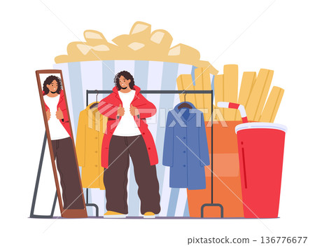 Fat Woman Trying Tight Clothes, Struggling To Fit, Frustrated, And Sweating, Struggling To See Herself In The Mirror Fat Woman Trying Tight Clothes, Struggling To Fit, Frustrated, And Sweating, Struggling To See Herself In The Mirror 136776677
