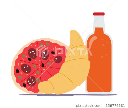 Pizza, Croissant And Soda Drink, Fast Food With High In Calories, Fat And Sodium, And Is Associated With Negative Health 136776681