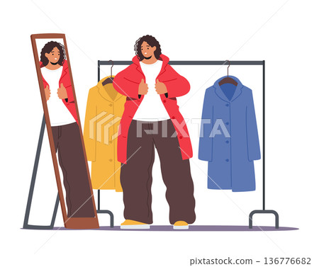 Fat Woman Struggle To Zip Small Clothes In Front Of Mirror, Feeling Uncomfortable And Self-conscious About Her Body Size Fat Woman Struggle To Zip Small Clothes In Front Of Mirror, Feeling Uncomfortable And Self-conscious About Her Body Size 136776682
