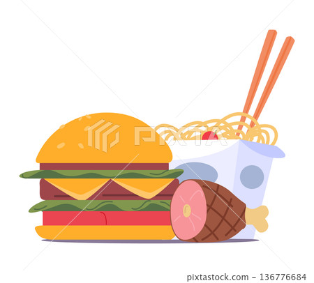 Burger, Meat And Wok Fast Food, Variety Of Delicious Options Such As Juicy Burger, Savory Stir-fries, And Noodles 136776684