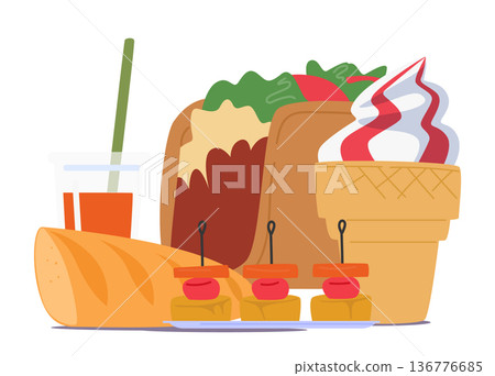 Taco, Ice Cream, Bread, Soda Drink And Canape Fast Food Served In Chain Restaurants. Meals With High In Calories Taco, Ice Cream, Bread, Soda Drink And Canape Fast Food Served In Chain Restaurants. Meals With High In Calories 136776685