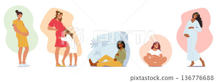 Set of Joyful Pregnant Women With Beaming Smiles, Radiating A Sense Of Happiness And Contentment. Beauty Of Pregnancy 136776688