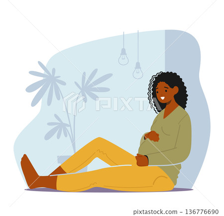 Content And Stunning Expectant Mother Radiating Joy And Happiness Sitting On Floor. Woman Character Expecting Baby 136776690