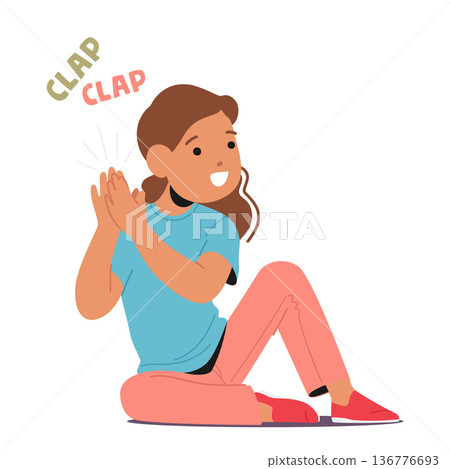 Little Girl Character Claps Her Hands Joyfully, Radiant Smile On Her Face, Expressing Her Excitement, Happiness Little Girl Character Claps Her Hands Joyfully, Radiant Smile On Her Face, Expressing Her Excitement, Happiness 136776693