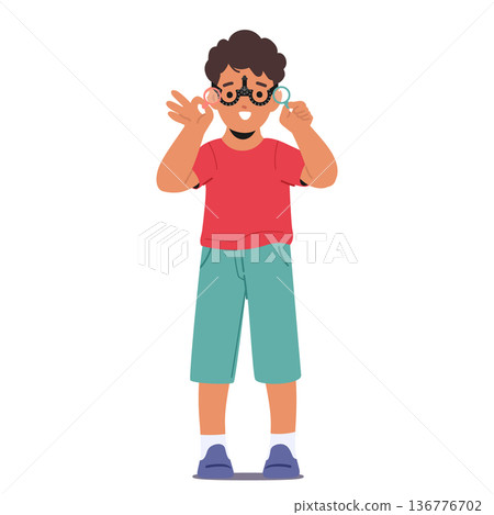 Cheerful Young Boy Beams With A Smile As She Undergoes An Eye Test With A Phoropter, Cartoon People Vector Illustration 136776702