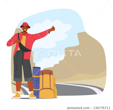 Lone Traveler Character With Backpack, Standing By The Road With A Thumb Up In The Air, Hoping For A Ride Illustration 136776711