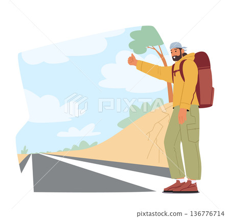 Lone Traveler Male Character Stands By The Roadside, Thumb Extended, Hoping To Catch A Ride To The Next Adventure 136776714