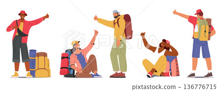 Backpackers Male and Female Characters With Outstretched Thumbs Standing and Sitting Waiting For Ride Isolated on White 136776715