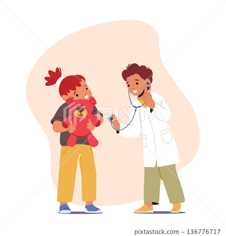Children Pretending To Be Doctors, Using Stethoscope, And Medical Kits To Diagnose And Treat Imaginary Ailments Children Pretending To Be Doctors, Using Stethoscope, And Medical Kits To Diagnose And Treat Imaginary Ailments 136776717