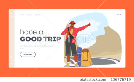 Wanderlust And Travel Exploration Landing Page Template. Lone Traveler Character With Backpack, Standing By The Road Wanderlust And Travel Exploration Landing Page Template. Lone Traveler Character With Backpack, Standing By The Road 136776719