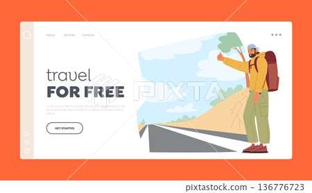 Travel for Free Landing Page Template. Lone Traveler Male Character Stands By The Roadside, Thumb Extended 136776723