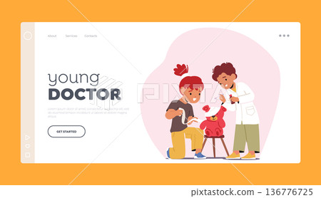 Young Doctor Landing Page Template. Kids Playing Doctors. Imaginative Role-playing with Caring For Stuffed Animal 136776725