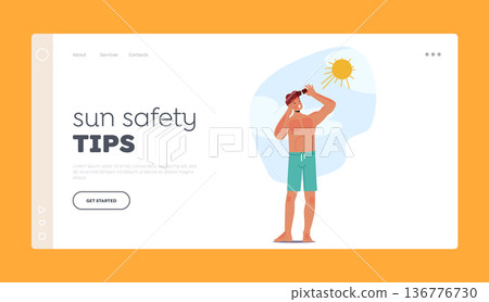 Sun Safety Tips Landing Page Template. Man Experiences Painful Sunburn On The Beach, Resulting In Redness, Itching Sun Safety Tips Landing Page Template. Man Experiences Painful Sunburn On The Beach, Resulting In Redness, Itching 136776730