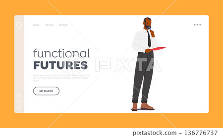 Functional Future Landing Page Template. Male Character Holding Pen And Clipboard, Making Notes, Gathering Information Functional Future Landing Page Template. Male Character Holding Pen And Clipboard, Making Notes, Gathering Information 136776737