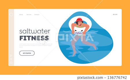 Saltwater Fitness Landing Page Template. Female Character in Sea. Girl Swims In A Colorful Inflatable Ring, Illustration Saltwater Fitness Landing Page Template. Female Character in Sea. Girl Swims In A Colorful Inflatable Ring, Illustration 136776742
