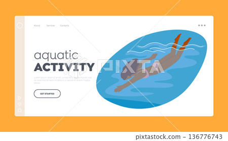 Aquatic Activity Landing Page Template. Joyful Girl Swimming In Refreshing Sea Water, Embracing The Waves Aquatic Activity Landing Page Template. Joyful Girl Swimming In Refreshing Sea Water, Embracing The Waves 136776743