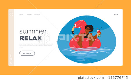 Oceanic Energy Landing Page Template. Relaxed Man Enjoying A Refreshing Cocktail While Floating On An Inflatable Ring 136776745