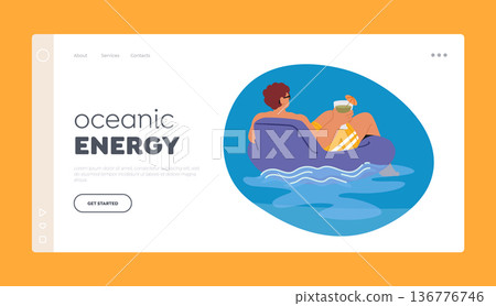 Oceanic Energy Landing Page Template. Relaxed Man Enjoying A Refreshing Cocktail While Floating On An Inflatable Ring Oceanic Energy Landing Page Template. Relaxed Man Enjoying A Refreshing Cocktail While Floating On An Inflatable Ring 136776746