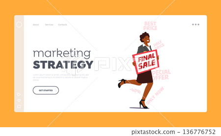 Marketing Strategy Landing Page Template. Forceful Promoter Female Character Run with Banner Promoting Final Sale 136776752