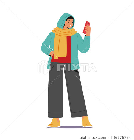Stylish Woman In Autumn Attire, Holding A Smartphone. Female Character Embracing The Season With Cozy Sweater Stylish Woman In Autumn Attire, Holding A Smartphone. Female Character Embracing The Season With Cozy Sweater 136776754