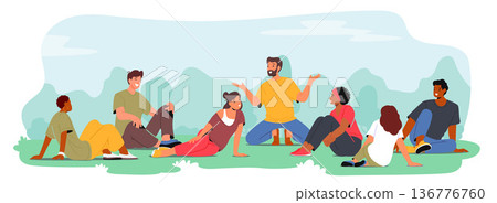 Characters Leisurely Recline Upon A Lush Green Meadow, Basking In The Serenity Of Nature, Sharing Laughter, Stories 136776760