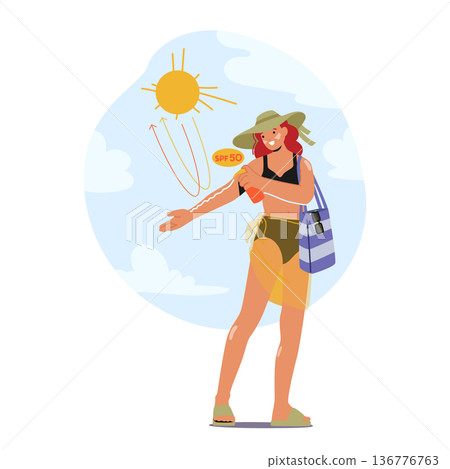 Woman Character Applies Sunscreen On the Beach, Using Hand To Rub Lotion Onto Skin, Protecting From Harmful Uv Rays 136776763