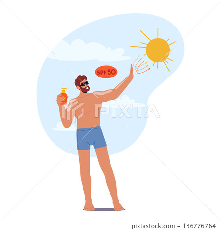 Man Applies Sunscreen To Protect Skin From Harmful Uv Rays While Enjoying Beach Day. Male Ensuring Skin Safety Man Applies Sunscreen To Protect Skin From Harmful Uv Rays While Enjoying Beach Day. Male Ensuring Skin Safety 136776764