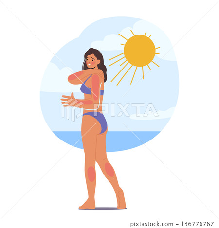 Woman Experience Skin Sunburn On Beach Due To Excessive Sun Exposure. Skin of Female Character Appears Red And Irritated Woman Experience Skin Sunburn On Beach Due To Excessive Sun Exposure. Skin of Female Character Appears Red And Irritated 136776767