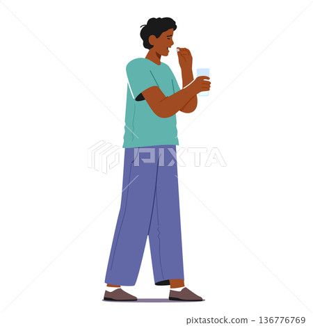 Man, With A Glass Of Water In Hand, Takes A Pill. His Focused Expression Reflects A Simple Act Of Self-care, Vector 136776769