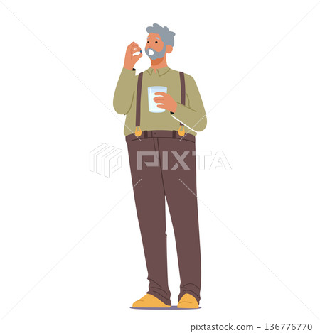 Elderly Gentleman Character Carefully Takes His Daily Medication, A Routine Symbol Of His Commitment To Health Elderly Gentleman Character Carefully Takes His Daily Medication, A Routine Symbol Of His Commitment To Health 136776770