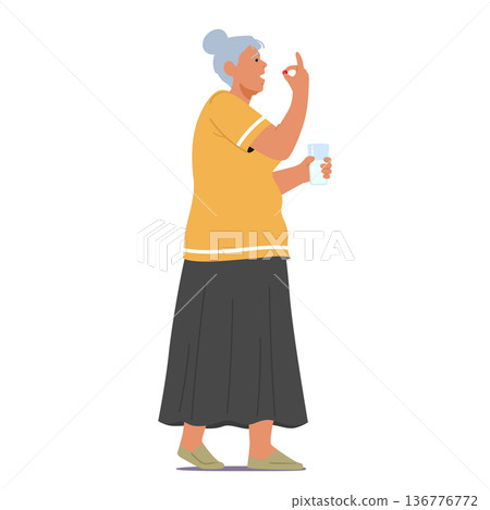 Senior Woman Character Delicately Holds A Pill Between Her Fingers, Health-conscious Decisions. Vector Illustration 136776772