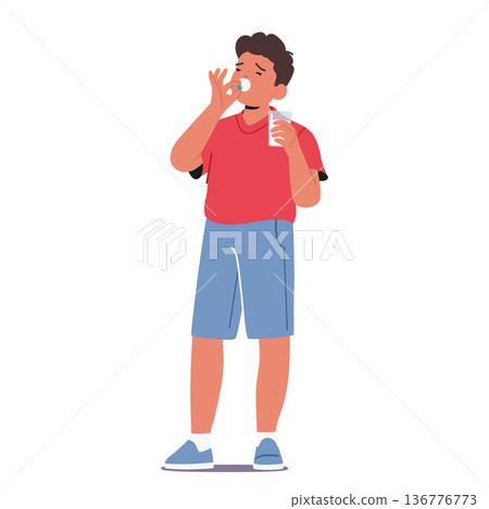 Young Boy Diligently Takes His Prescribed Pill, Showing Responsibility And Commitment To His Health, Vector Illustration 136776773