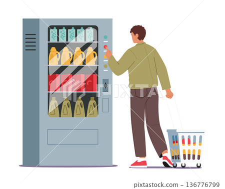 Man Inserts Coins Into The Vending Machine At The Public Launderette, Selecting Detergent With A Determined Look 136776799