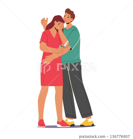 Unhappy Couple Depicted With A Woman Holding A Negative Pregnancy Test While The Man Stands Beside Her Unhappy Couple Depicted With A Woman Holding A Negative Pregnancy Test While The Man Stands Beside Her 136776807