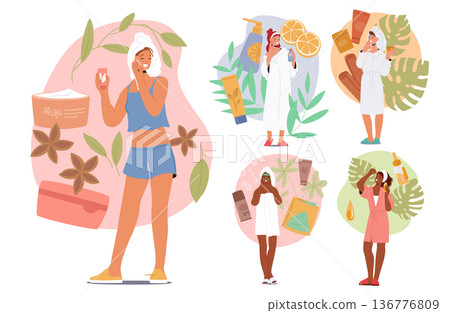 Girls Care For Skin With Cleansing Routines, Moisturizing, Sunscreen, And Regular Exfoliation. Vector Illustration Girls Care For Skin With Cleansing Routines, Moisturizing, Sunscreen, And Regular Exfoliation. Vector Illustration 136776809