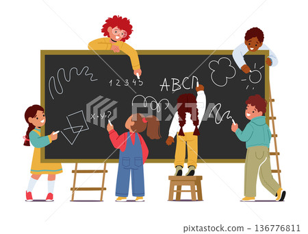 Children Stand In Front Of Blackboard, Writing With Chalk. Concept Of School Education, Innocence Of Childhood 136776811