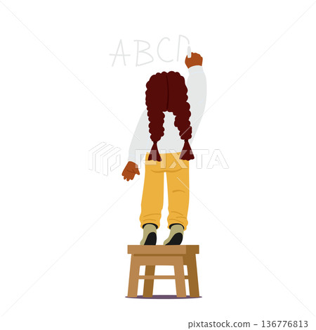 Cute Preschool Elementary School Girl Standing At The Blackboard And Writing Abc Letters Isolated On White Background 136776813