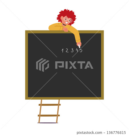 Child Writing On Blackboard Using Chalk Concept of Learning, Creativity, Education. Little Boy Create Display Of Numbers 136776815