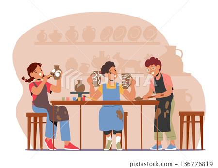 Children Character Engaging In Pottery Making, Exploring Creativity And Tactile Skills. Clay, Molds, Paints And Tools 136776819