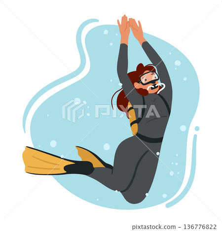 Experienced Female Character Diver Wears Scuba Gear Explore And Study The Underwater World. Using Specialized Equipment Experienced Female Character Diver Wears Scuba Gear Explore And Study The Underwater World. Using Specialized Equipment 136776822