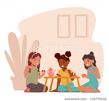 Little Girls Gather For A Charming Tea Party. Delicate Teacups, And Giggles Fill The Air As They Sip Imaginary Tea 136776830