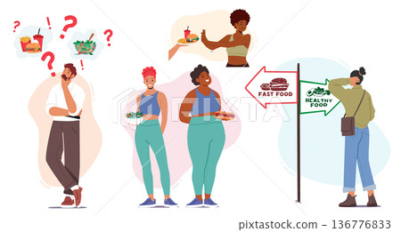 Men and Women Characters Choosing Between Healthy And Unhealthy Food Options, Dilemma of Nutritious Choice Men and Women Characters Choosing Between Healthy And Unhealthy Food Options, Dilemma of Nutritious Choice 136776833