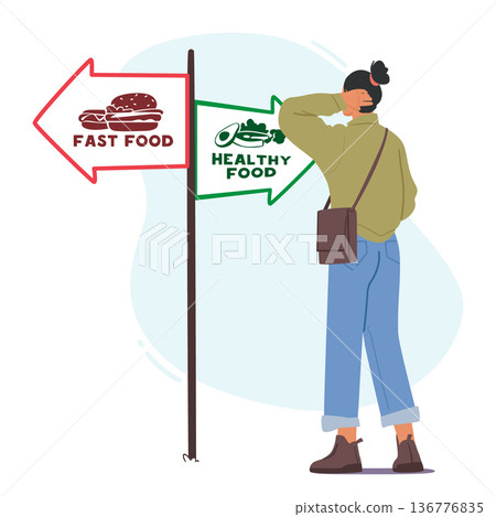 Confused Woman Character Stands At The Crossroads, Contemplating The Choice Between Healthy And Unhealthy Foods Confused Woman Character Stands At The Crossroads, Contemplating The Choice Between Healthy And Unhealthy Foods 136776835