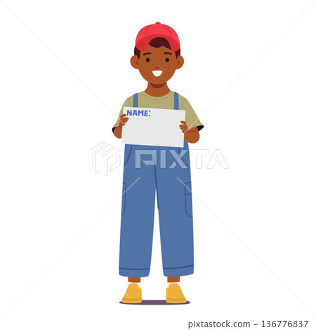 Young African Boy Proudly Clutching His Name Tag, His Eyes Filled With Excitement, Ready To Embark On A New Adventure 136776837