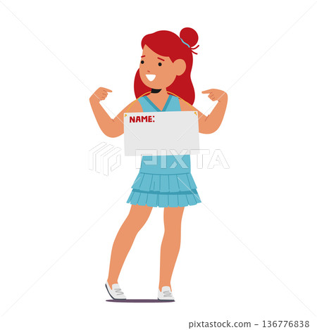 Young Girl Character Proudly Holds A Nameplate Showing on herself, Her Eyes Gleaming With Innocence And Curiosity 136776838